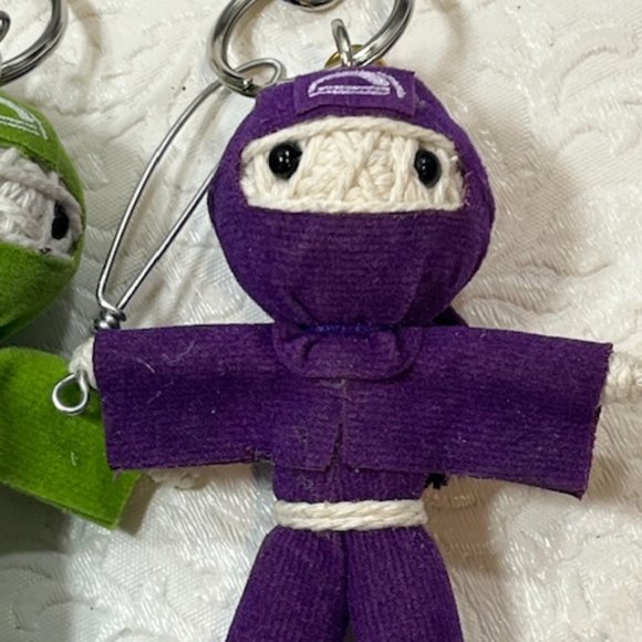 TWO Ninja String Doll Keychain Toys w/Swords Purple/Lime Green 2.5" x 3" NEW - Picture 6 of 9